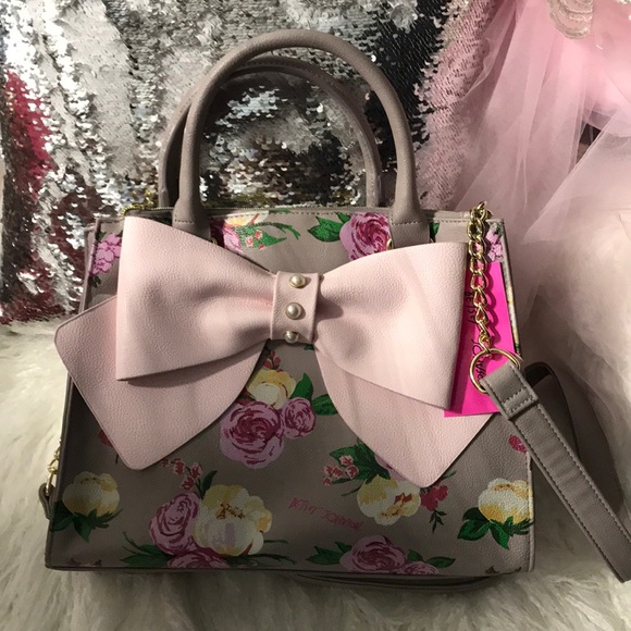 Handbags - Pink gray floral bow pearl Betsy Johnson Purse Bag
